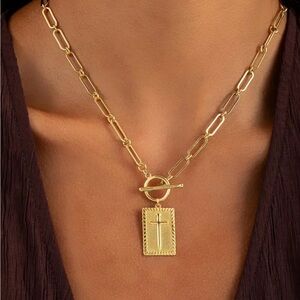 Chunky 18K Gold Plated Cross Charm Necklace; Gold Cross Link Chain Religious